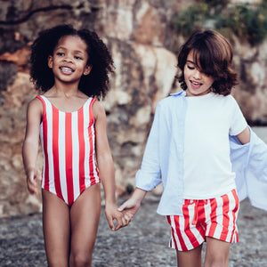 Red and White Boys Swimshorts (Rayures de rubis)